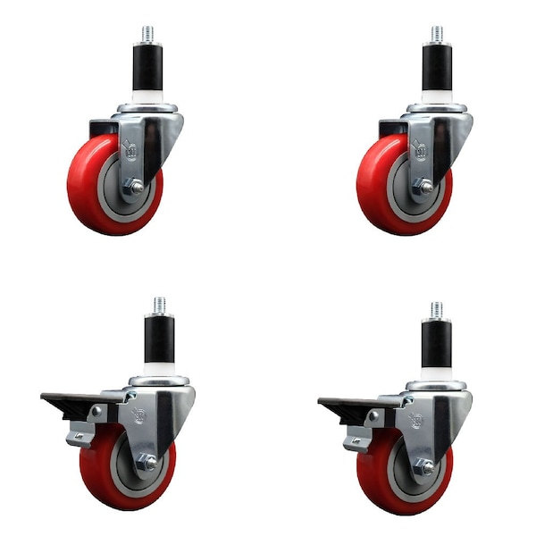 Service Caster 3.5'' Red Poly Wheel Swivel 1-3/8'' Expanding Stem Caster Set 2 Brakes, 4PK SCC-EX20S3514-PPUB-RED-2-PLB-2-138 - main